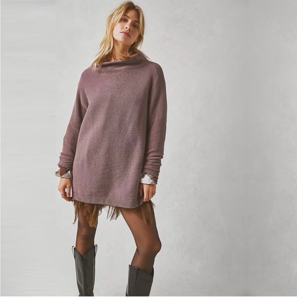 Free People Ottoman Blush, Pink Ribbed Oversized Tunic Slouchy Large Sweater